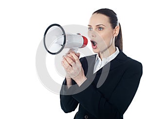 Business woman giving instructions with megaphone