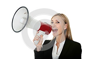 Business woman giving instructions with megaphone