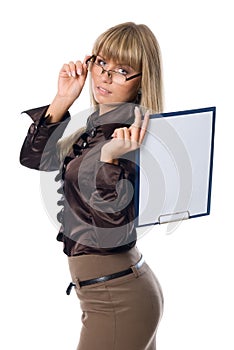 Business woman in glasses holding a clipboard with a blank sheet