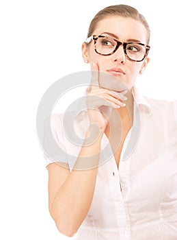 Business woman in glasses reflects