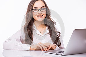 Business Woman with glasses using laptop computer pc.