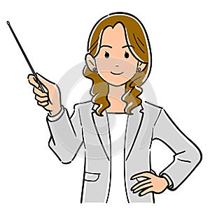 Business woman in gray jacket with pointing stick