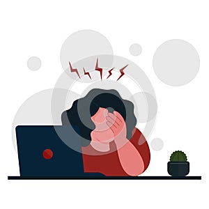 Business woman had headache, suffering from work, stress, lack of power, weakness, overworked concept. Vector Illustration