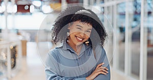 Business woman, hair and portrait of a happy creative employee confident arms folded ready for working. Happiness, black