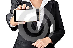 Business woman hand hold showing blank smartphone screen.