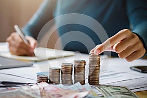 business woman hand holding coins to stack on desk concept saving money finance