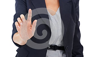 Business woman, hand and interface touch for cybersecurity, digital application or app access. Studio, fingerprint and