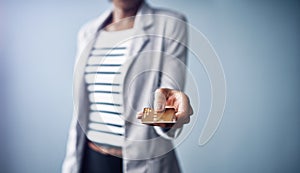 Business woman, hand and payment with credit card in online shopping, transaction or tap on a gray studio background