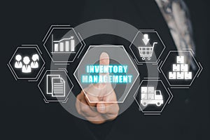 Business woman hand touching inventory management icon on virtual screen
