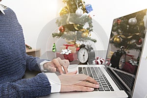 Business woman hand typing computer keyboard on desk office