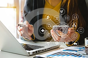 Business woman hand working with laptop computer, tablet and smart phone