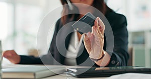 Business woman, hands and online purchase with credit card for shopping, buying or electronic transaction at office