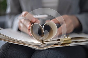 Business woman hands planning making notes in notepad paper sheet heart shape symbol of love closeup