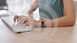 Business woman, hands and typing on computer keyboard for email, communication or research on office desk. Hand of