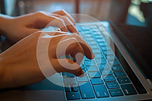 Business woman hands typing  keyboard on laptop working with blank screen on desk in cafe