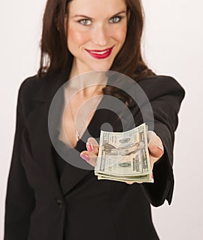 Business Woman Hands You Cash Payment Twenty Dollar Bills