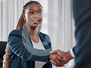 Business woman, handshake and agreement for partnership in office for collaboration, promotion or welcome. Black female