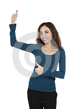 Business woman happy giving thumbs up