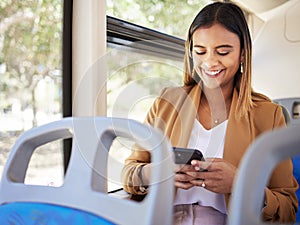 Business woman, happy and phone on bus, transport or travel in city with social media, online news or chat. Young person