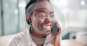 Business, woman and happy with phone call for communication, networking and conversation in office. Black person