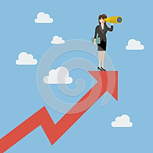Business woman has a telescope standing on graph up