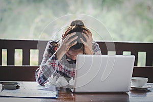 Business Woman Having Headache While Working Using Laptop Computer. Stressed And Depressed Girl Touching Her Head, Work Failure