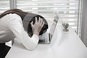 Business Woman Having Headache While Working Using Laptop Computer. Stressed And Depressed Girl Touching Her Head, Feeling Pain