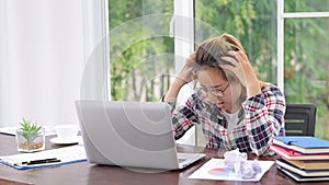 Business Woman Having Headache While Working Using Laptop Computer. Stressed And Depressed Girl Touching Her Head, Feeling Pain