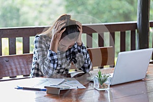 Business Woman Having Headache While Working Using Laptop Computer. Stressed And Depressed Girl Touching Her Head, Work Failure