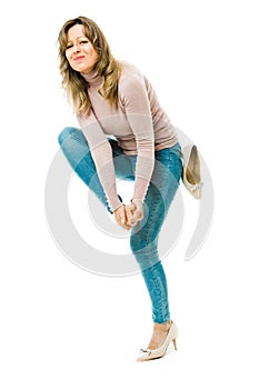 Business woman having uncomfortable high heels - calluses on feet photo
