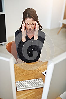 Business woman, headache or pain on computer for human resources mistake, error or fail in project deadline. Sad and