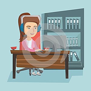 Business woman with headset working in the office.