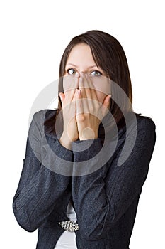 Business woman hides her face in her âEUR