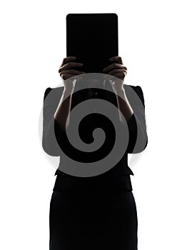 Business woman hiding computer computing digital tablet silhoue