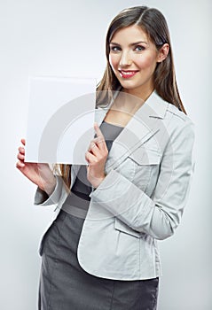 Business woman hold banner, white background port