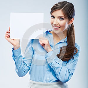 Business woman hold banner, white background portrai