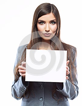 Business woman hold banner, white background portrait.