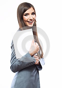 Business woman hold banner, white background  portrait