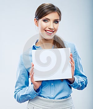 Business woman hold banner, white background  portrait. Female