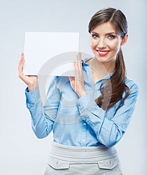 Business woman hold banner, white background portrait. Female