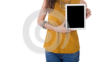 Business woman hold computer tablet isolated on white background