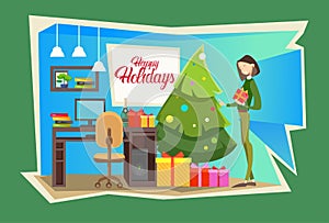 Business Woman Hold Present Box Gift Merry Christmas And Happy New Year Celebration Office Interior