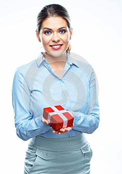 Business woman hold red gift box. White background