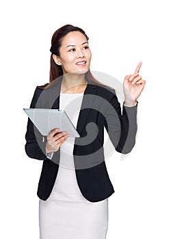 Business woman hold tablet with finger up