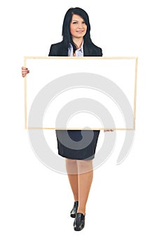 Business woman holding banner