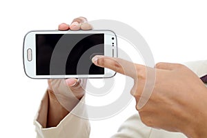 Business woman holding with black display of mobile phone