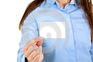 Business woman holding blank card over isolated background