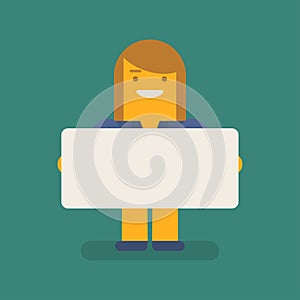 Business woman holding blank sign and smiling. Vector character