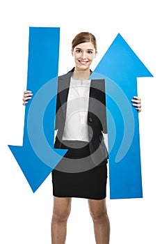 Business woman holding a blue arrow