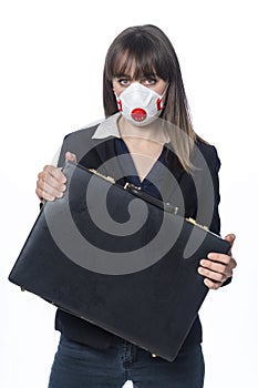 Business Woman Holding Briefcase With Face Mask 